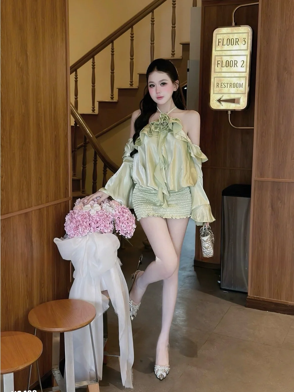 Satin Ruffle Off-Shoulder Top and Mini Skirt Set in Pale Green
